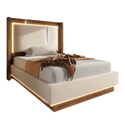 Cama juvenil estofada 90x200 - com base de colchão, LED, baú de arrumação, sistema hidráulico, linho, sem colchão - Bege e nogueira Cama juvenil estofada 90x200 - com base de colchão, LED, baú de arrumação, sistema hidráulico, linho, sem colchão - Bege e nogueira