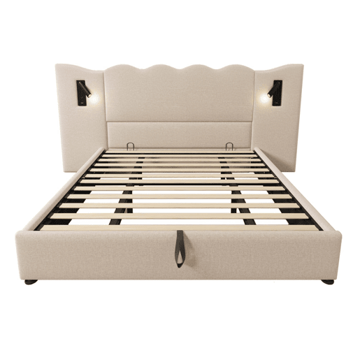 Cama de casal estofada 180x200 - com candeeiro de leitura e porta USB-C - cama com arrumação, base em madeira maciça e metal - bege