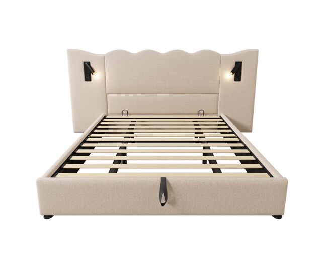 Cama doble tapizada 180x200 - con lámpara de lectura y carga usb-c - cama con almacenamiento, somier de madera maciza y metal - beige