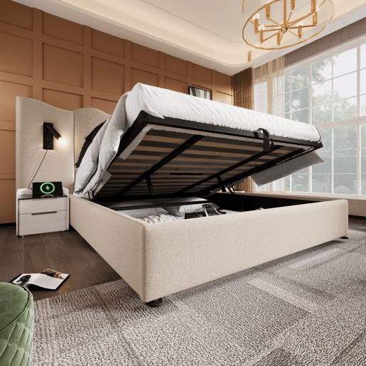 Cama de casal estofada 180x200 - com candeeiro de leitura e porta USB-C - cama com arrumação, base em madeira maciça e metal - bege