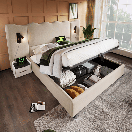 Cama de casal estofada 180x200 - com candeeiro de leitura e porta USB-C - cama com arrumação, base em madeira maciça e metal - bege