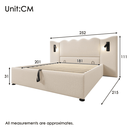 Cama de casal estofada 180x200 - com candeeiro de leitura e porta USB-C - cama com arrumação, base em madeira maciça e metal - bege