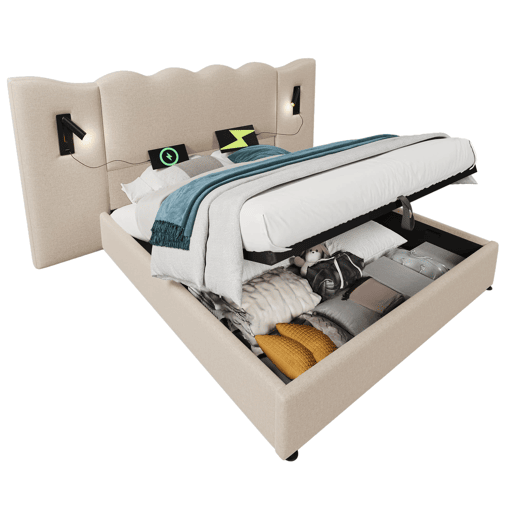 Cama de casal estofada 180x200 - com candeeiro de leitura e porta USB-C - cama com arrumação, base em madeira maciça e metal - bege