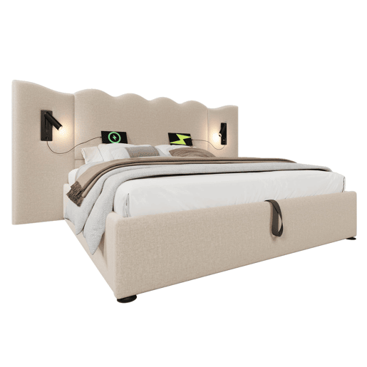 Cama de casal estofada 180x200 - com candeeiro de leitura e porta USB-C - cama com arrumação, base em madeira maciça e metal - bege