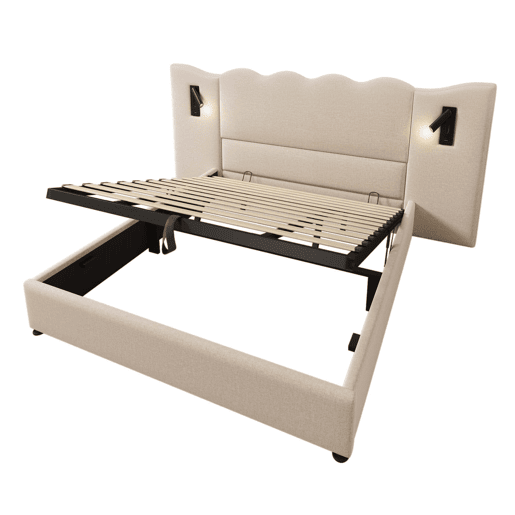 Cama de casal estofada 180x200 - com candeeiro de leitura e porta USB-C - cama com arrumação, base em madeira maciça e metal - bege