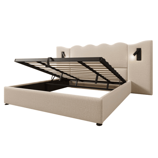 Cama de casal estofada 180x200 - com candeeiro de leitura e porta USB-C - cama com arrumação, base em madeira maciça e metal - bege