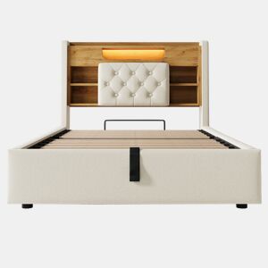 Cama estofada 90 x 200 cm - base com gaveta com abertura hidráulica, LED, USB e Type-C, cabeceira com prateleira e espaço de arrumação - Bege