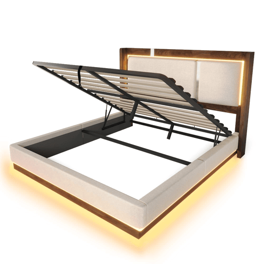 Cama de casal estofada 140x200 - base de lâminas, LED, baú de arrumação, sistema hidráulico, linho - bege e nogueira Cama de casal estofada 140x200 - base de lâminas, LED, baú de arrumação, sistema hidráulico, linho - bege e nogueira