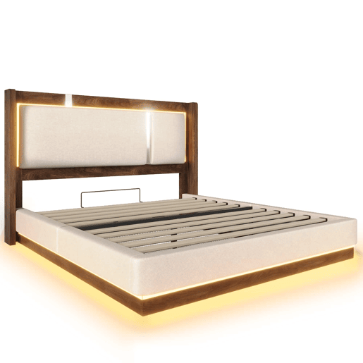Cama de casal estofada 140x200 - base de lâminas, LED, baú de arrumação, sistema hidráulico, linho - bege e nogueira Cama de casal estofada 140x200 - base de lâminas, LED, baú de arrumação, sistema hidráulico, linho - bege e nogueira