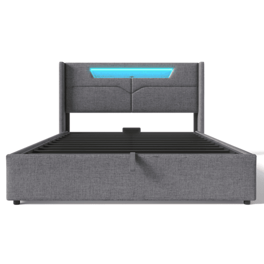 Cama estofada 160 x 200 cm - LED, USB Tipo C, arrumação integrada, base incluída, tecido de linho - Cinza Cama estofada 160 x 200 cm - LED, USB Tipo C, arrumação integrada, base incluída, tecido de linho - Cinza