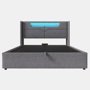 Cama estofada 160 x 200 cm - LED, USB Tipo C, arrumação integrada, base incluída, tecido de linho - Cinza