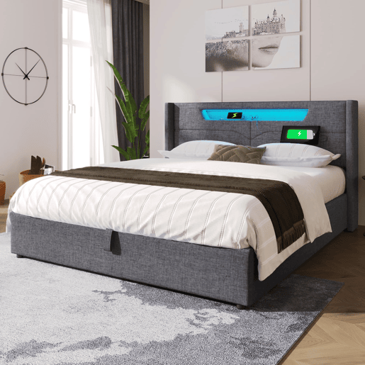 Cama estofada 160 x 200 cm - LED, USB Tipo C, arrumação integrada, base incluída, tecido de linho - Cinza Cama estofada 160 x 200 cm - LED, USB Tipo C, arrumação integrada, base incluída, tecido de linho - Cinza