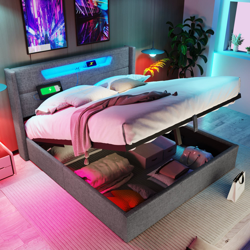 Cama estofada 160 x 200 cm - LED, USB Tipo C, arrumação integrada, base incluída, tecido de linho - Cinza Cama estofada 160 x 200 cm - LED, USB Tipo C, arrumação integrada, base incluída, tecido de linho - Cinza