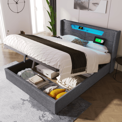 Cama estofada 160 x 200 cm - LED, USB Tipo C, arrumação integrada, base incluída, tecido de linho - Cinza Cama estofada 160 x 200 cm - LED, USB Tipo C, arrumação integrada, base incluída, tecido de linho - Cinza