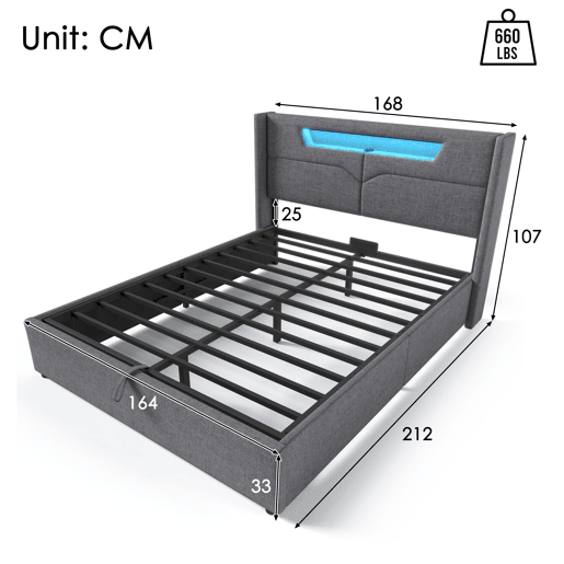 Cama estofada 160 x 200 cm - LED, USB Tipo C, arrumação integrada, base incluída, tecido de linho - Cinza Cama estofada 160 x 200 cm - LED, USB Tipo C, arrumação integrada, base incluída, tecido de linho - Cinza