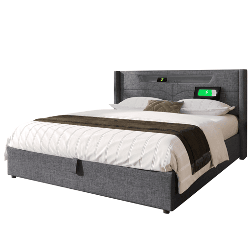 Cama estofada 160 x 200 cm - LED, USB Tipo C, arrumação integrada, base incluída, tecido de linho - Cinza Cama estofada 160 x 200 cm - LED, USB Tipo C, arrumação integrada, base incluída, tecido de linho - Cinza