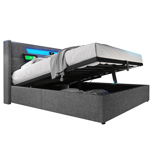 Cama estofada 160 x 200 cm - LED, USB Tipo C, arrumação integrada, base incluída, tecido de linho - Cinza Cama estofada 160 x 200 cm - LED, USB Tipo C, arrumação integrada, base incluída, tecido de linho - Cinza