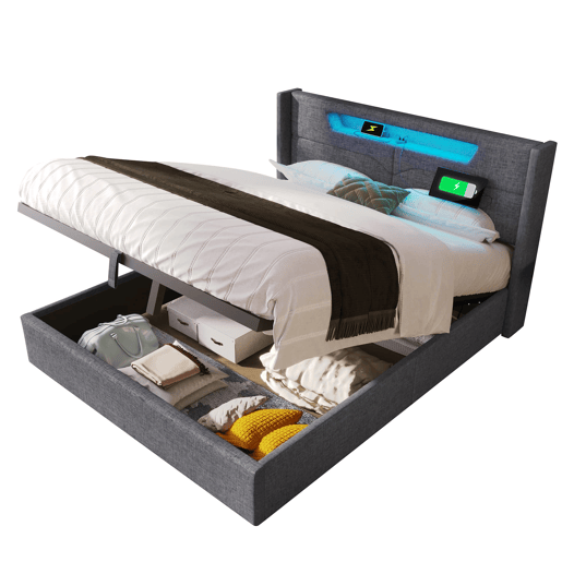 Cama estofada 160 x 200 cm - LED, USB Tipo C, arrumação integrada, base incluída, tecido de linho - Cinza Cama estofada 160 x 200 cm - LED, USB Tipo C, arrumação integrada, base incluída, tecido de linho - Cinza