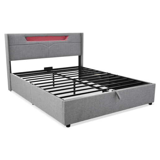 Cama estofada 160 x 200 cm - LED, USB Tipo C, arrumação integrada, base incluída, tecido de linho - Cinza Cama estofada 160 x 200 cm - LED, USB Tipo C, arrumação integrada, base incluída, tecido de linho - Cinza
