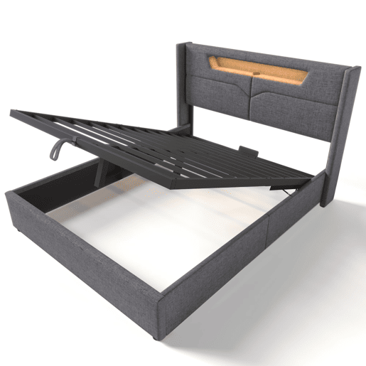Cama estofada 160 x 200 cm - LED, USB Tipo C, arrumação integrada, base incluída, tecido de linho - Cinza Cama estofada 160 x 200 cm - LED, USB Tipo C, arrumação integrada, base incluída, tecido de linho - Cinza