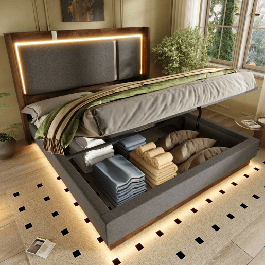 Cama de casal estofada 140x190 - com base de colchão, LED e baú, sistema hidráulico, linho cinzento e nogueira - Cinza, Nogueira Cama de casal estofada 140x190 - com base de colchão, LED e baú, sistema hidráulico, linho cinzento e nogueira - Cinza, Nogueira