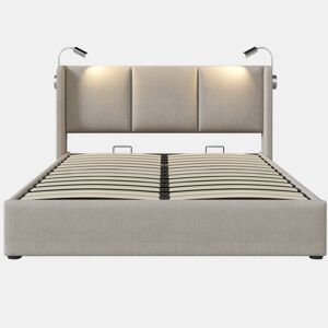 Cama estofada 180x200 - com arrumação, LED e USB - Bege