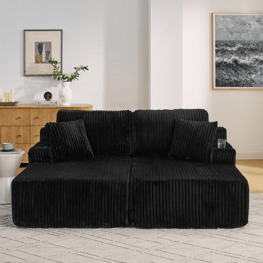 Sofá-cama relax de 2 lugares - poltrona lounge em veludo cotelê macio com bolso lateral para revistas, porta-copos e almofadas - preto Sofá-cama relax de 2 lugares - poltrona lounge em veludo cotelê macio com bolso lateral para revistas, porta-copos e almofadas - preto