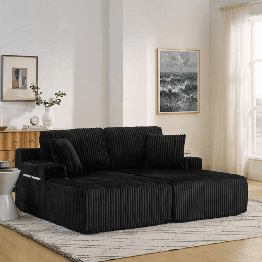 Sofá-cama relax de 2 lugares - poltrona lounge em veludo cotelê macio com bolso lateral para revistas, porta-copos e almofadas - preto Sofá-cama relax de 2 lugares - poltrona lounge em veludo cotelê macio com bolso lateral para revistas, porta-copos e almofadas - preto