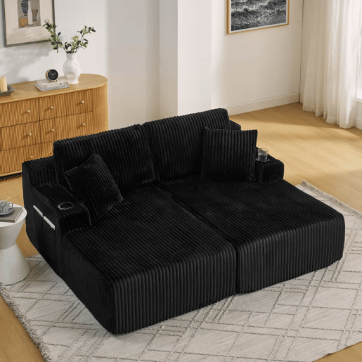 Sofá-cama relax de 2 lugares - poltrona lounge em veludo cotelê macio com bolso lateral para revistas, porta-copos e almofadas - preto Sofá-cama relax de 2 lugares - poltrona lounge em veludo cotelê macio com bolso lateral para revistas, porta-copos e almofadas - preto