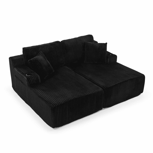 Sofá-cama relax de 2 lugares - poltrona lounge em veludo cotelê macio com bolso lateral para revistas, porta-copos e almofadas - preto Sofá-cama relax de 2 lugares - poltrona lounge em veludo cotelê macio com bolso lateral para revistas, porta-copos e almofadas - preto