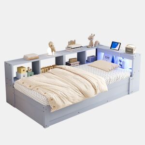 Sofá-cama 90 × 200 cm - Com tomada europeia, vários compartimentos, luzes LED multicoloridas, mecanismo hidráulico, cama multifuncional em madeira maciça - Cinza