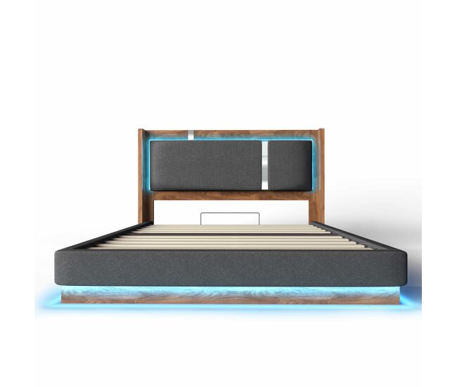 Cama tapizada 160x200 - con somier, led y canapé hidráulico - lino gris y nogal