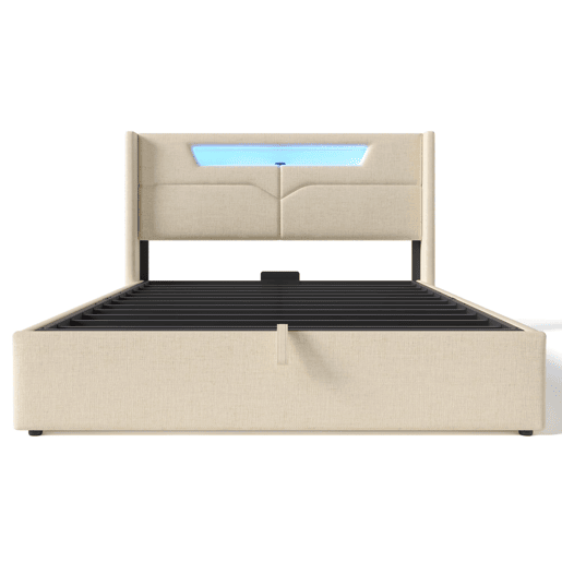 Cama estofada 160x200 cm - LED, porta USB e Type-C, baú rebatível com espaço de arrumação, base incluída, tecido de linho - Bege Cama estofada 160x200 cm - LED, porta USB e Type-C, baú rebatível com espaço de arrumação, base incluída, tecido de linho - Bege