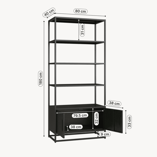 Estante com compartimento Hailuoto 80x40x180 cm aço preto mate en.casa