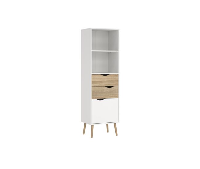 Librería tajo con 2 cajones y 1 puerta, color blanco y roble patinado, 51 x 40 x 172 cm