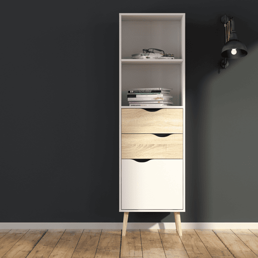 Estante Tajo com 2 gavetas e 1 porta, cor branco e carvalho patinado, 51 x 40 x 172 cm Estante Tajo com 2 gavetas e 1 porta, cor branco e carvalho patinado, 51 x 40 x 172 cm