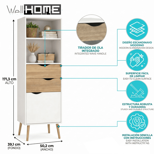 Estante Tajo com 2 gavetas e 1 porta, cor branco e carvalho patinado, 51 x 40 x 172 cm Estante Tajo com 2 gavetas e 1 porta, cor branco e carvalho patinado, 51 x 40 x 172 cm