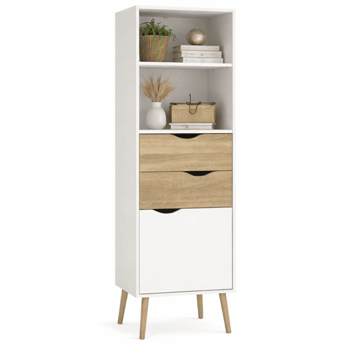 Estante Tajo com 2 gavetas e 1 porta, cor branco e carvalho patinado, 51 x 40 x 172 cm Estante Tajo com 2 gavetas e 1 porta, cor branco e carvalho patinado, 51 x 40 x 172 cm