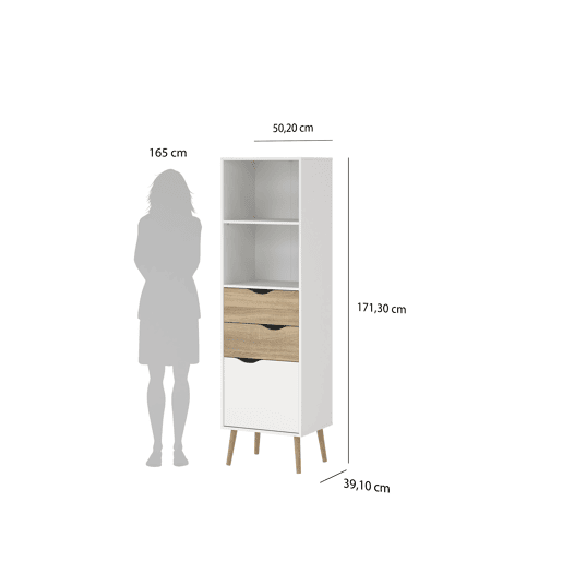 Estante Tajo com 2 gavetas e 1 porta, cor branco e carvalho patinado, 51 x 40 x 172 cm Estante Tajo com 2 gavetas e 1 porta, cor branco e carvalho patinado, 51 x 40 x 172 cm
