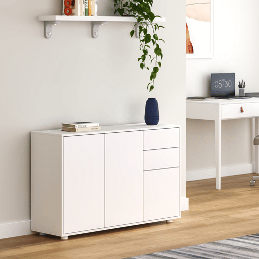 Cómoda Paarl com 2 gavetas e 3 portas 74x117x36cm Branco mate en.casa Cómoda Paarl com 2 gavetas e 3 portas 74x117x36cm Branco mate en.casa