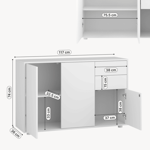 Cómoda Paarl com 2 gavetas e 3 portas 74x117x36cm Branco mate en.casa Cómoda Paarl com 2 gavetas e 3 portas 74x117x36cm Branco mate en.casa