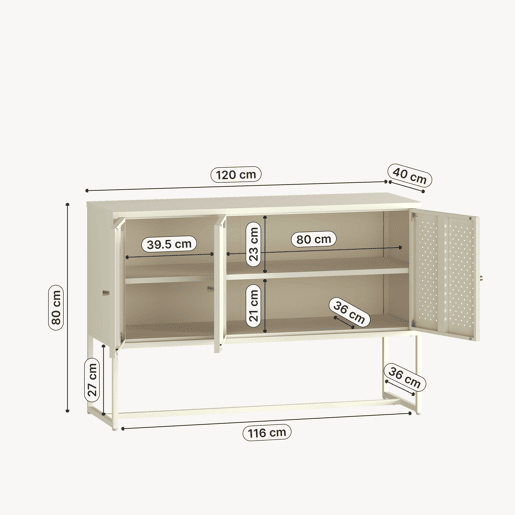 Aparador Viitasaari 3 portas aço 120x40x80 cm creme branco en.casa