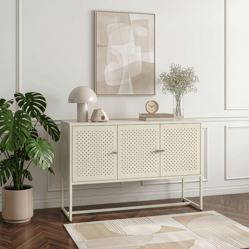 Aparador Viitasaari 3 portas aço 120x40x80 cm creme branco en.casa
