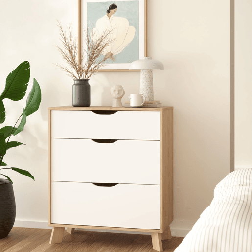 Cómoda Segura para quarto com 3 gavetas, branco e Jackson Hickory, 79 x 40 x 93 cm Cómoda Segura para quarto com 3 gavetas, branco e Jackson Hickory, 79 x 40 x 93 cm