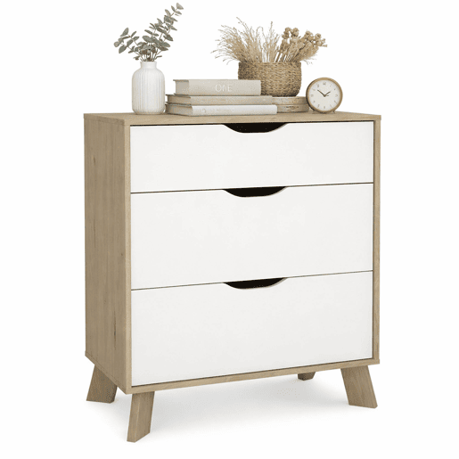 Cómoda Segura para quarto com 3 gavetas, branco e Jackson Hickory, 79 x 40 x 93 cm Cómoda Segura para quarto com 3 gavetas, branco e Jackson Hickory, 79 x 40 x 93 cm