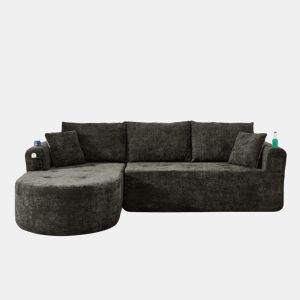 Sofá de canto Cloud Couch L-Form - sem montagem, porta-copos em aço inoxidável resistente ao calor, estofo em linho respirável e duradouro, bolsos laterais e braços - Preto
