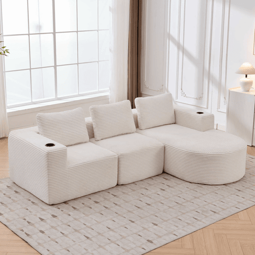 Sofá de 3 lugares, 258 cm - compacto, com 3 almofadas e porta-copos - bege Sofá de 3 lugares, 258 cm - compacto, com 3 almofadas e porta-copos - bege