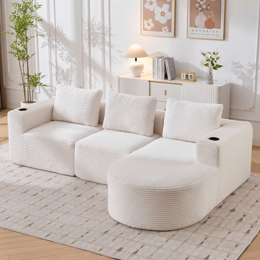 Sofá de 3 lugares, 258 cm - compacto, com 3 almofadas e porta-copos - bege Sofá de 3 lugares, 258 cm - compacto, com 3 almofadas e porta-copos - bege
