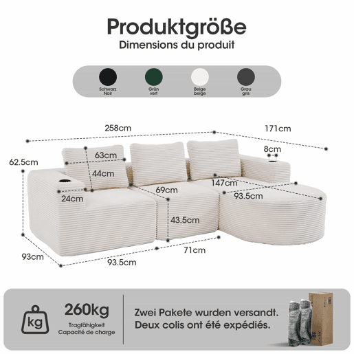 Sofá de 3 lugares, 258 cm - compacto, com 3 almofadas e porta-copos - bege Sofá de 3 lugares, 258 cm - compacto, com 3 almofadas e porta-copos - bege