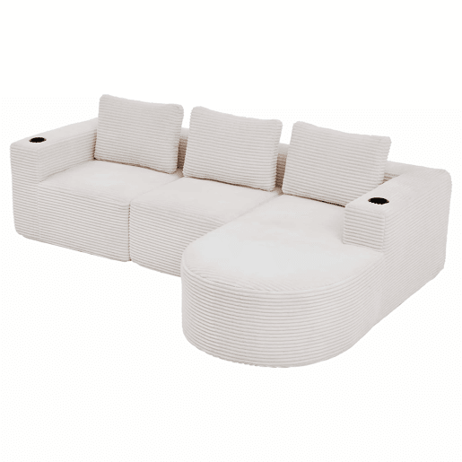 Sofá de 3 lugares, 258 cm - compacto, com 3 almofadas e porta-copos - bege Sofá de 3 lugares, 258 cm - compacto, com 3 almofadas e porta-copos - bege
